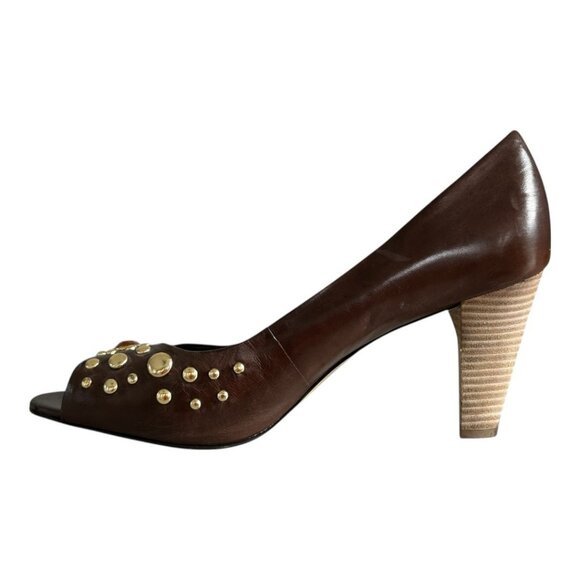 Franco Sarto Fanatic Heels Brown Studded Leather Peep Toe Stacked Heel Size 10M - Picture 1 of 14